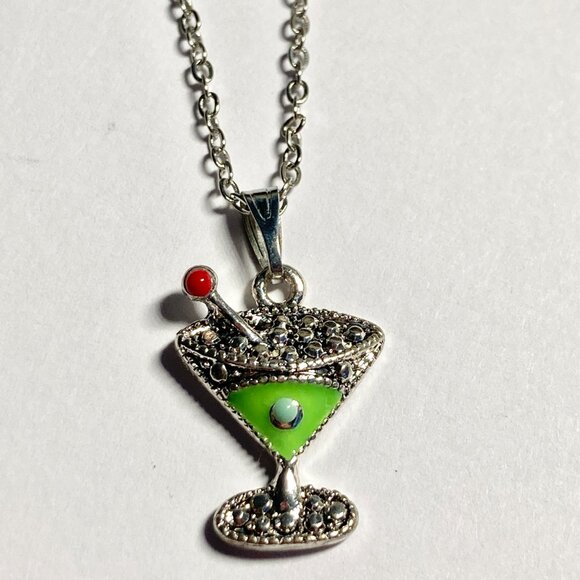 Martini Cocktail Drink Cup Glass Charm Necklace Pendant Green Enamel 18" Chain - Picture 4 of 9